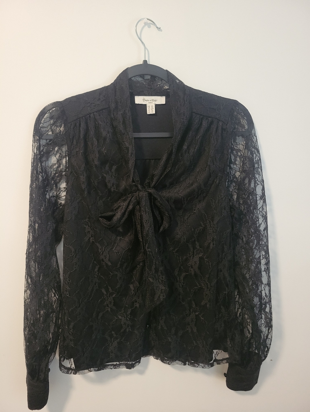 Dana-Mae Black Lace Tie-Neck Blouse